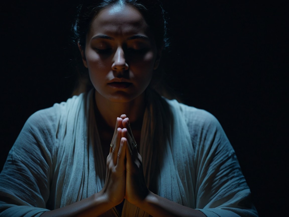 Serene Woman in Dim Light with Hands in Prayer