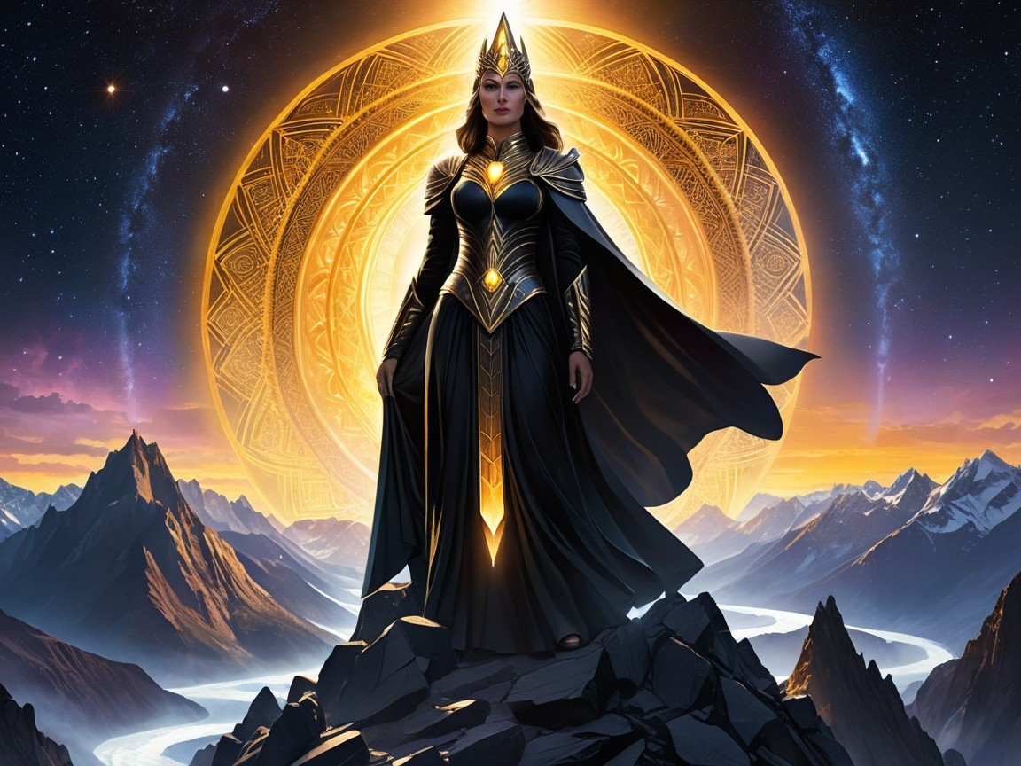 Majestic Female Figure in Golden Armor on Mountain Top