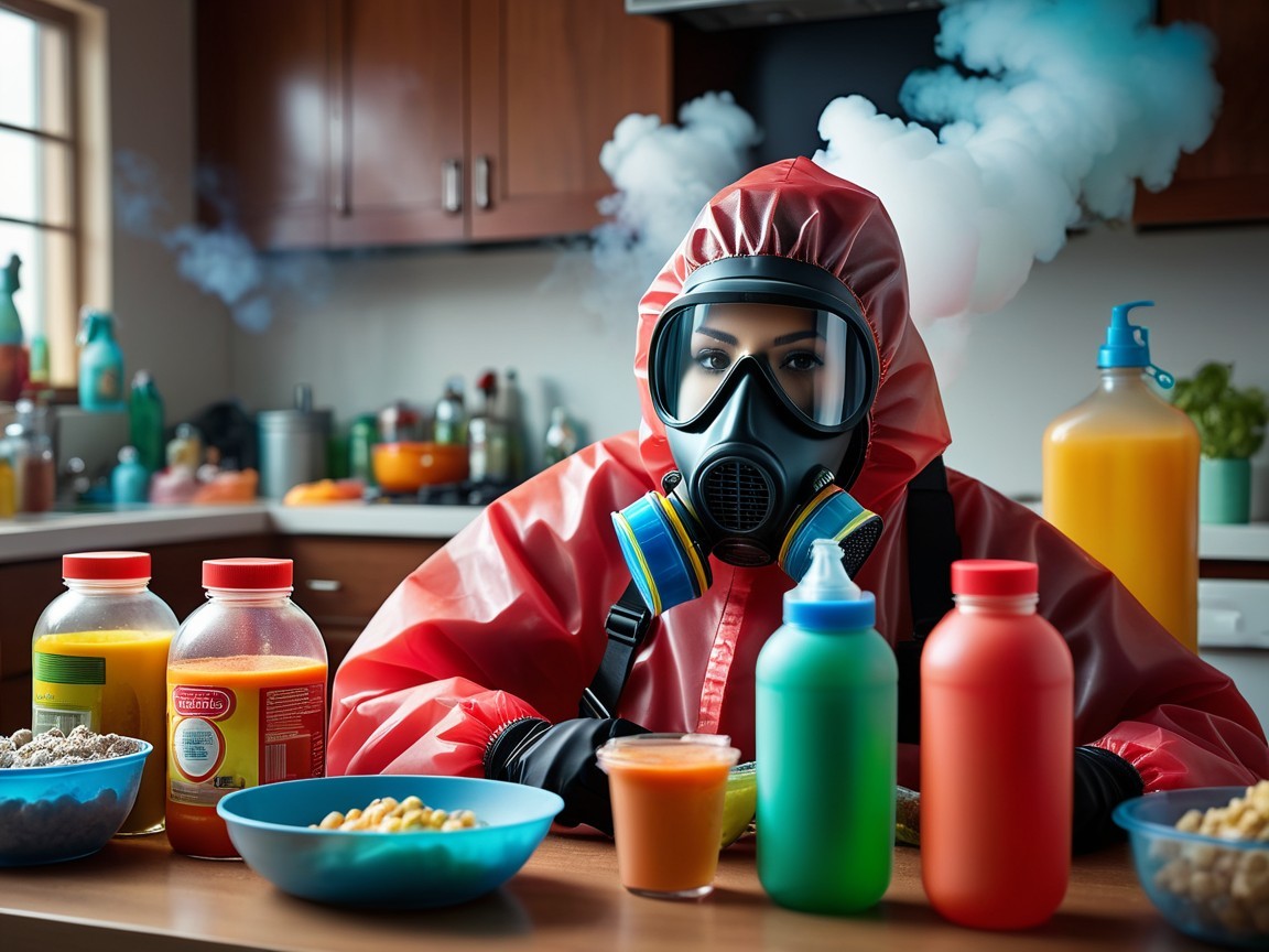 Surreal Kitchen Scene with Hazard Suit and Food Containers