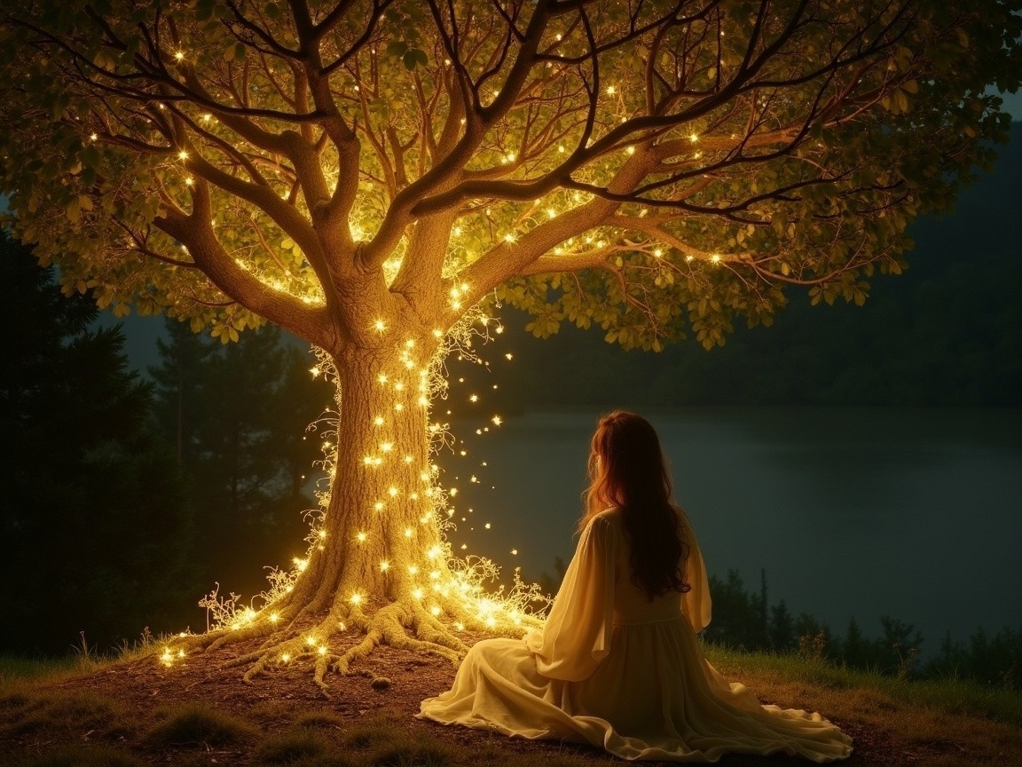 Woman in Yellow Dress Under Luminous Tree at Night