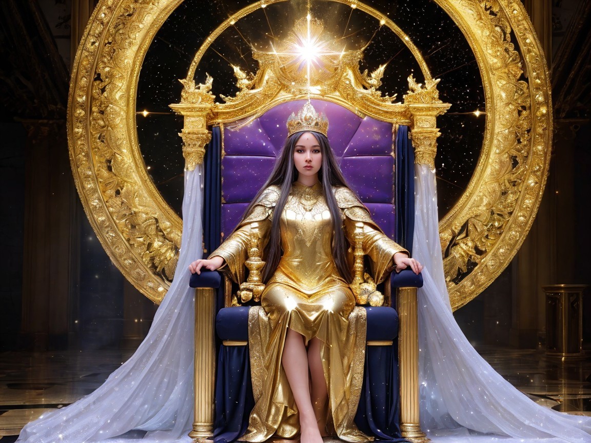 Regal figure on ornate golden throne with starburst glow