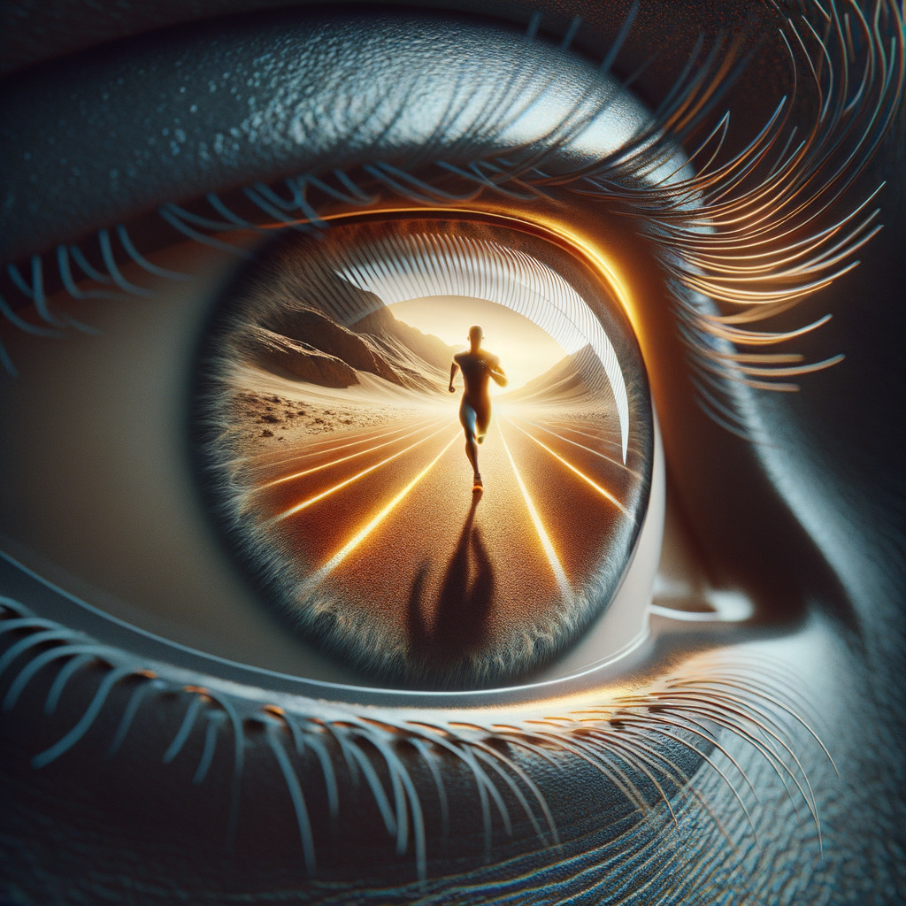 Close-Up of Human Eye Reflecting Runner in Landscape