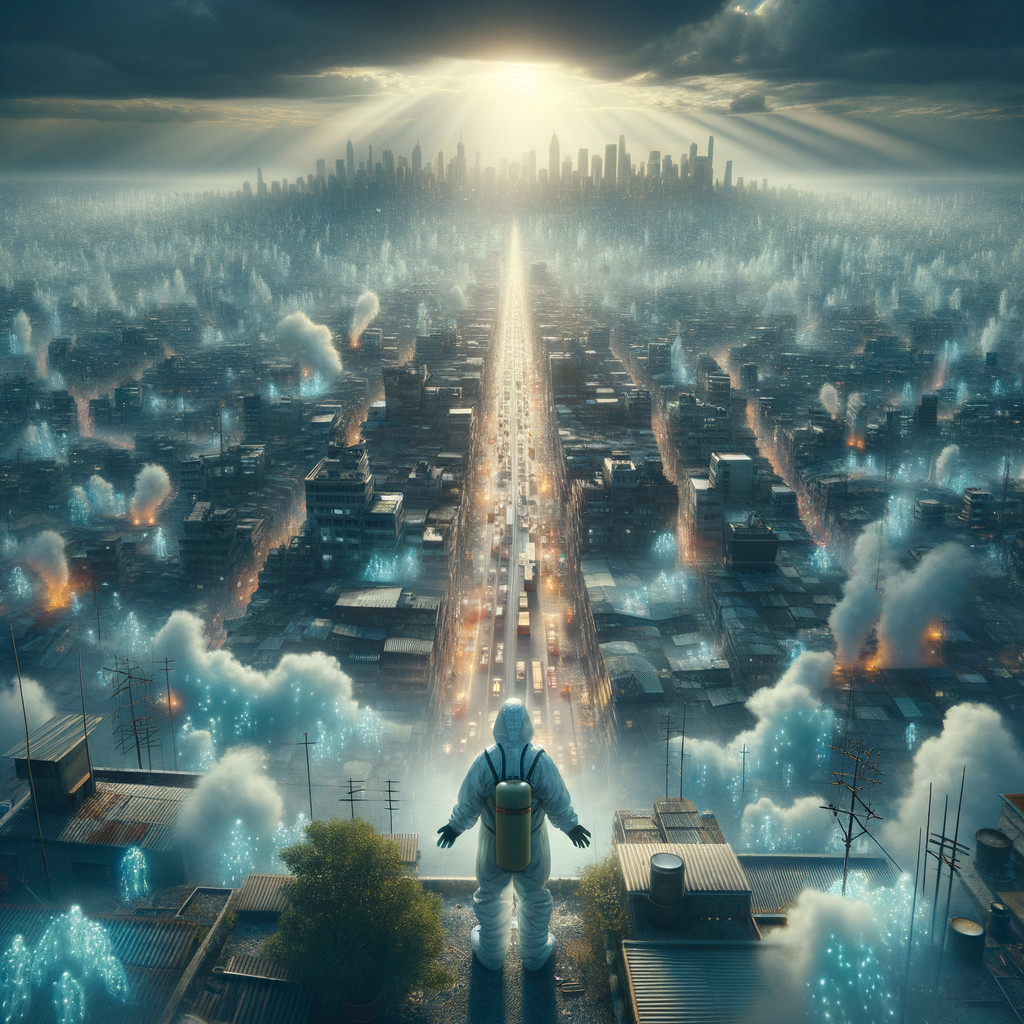 Lone Figure in Suit Overlooks Futuristic Cityscape