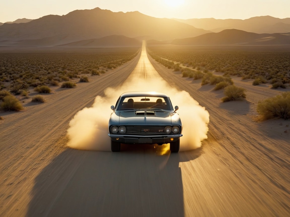 Vintage muscle car on a desert road at sunset