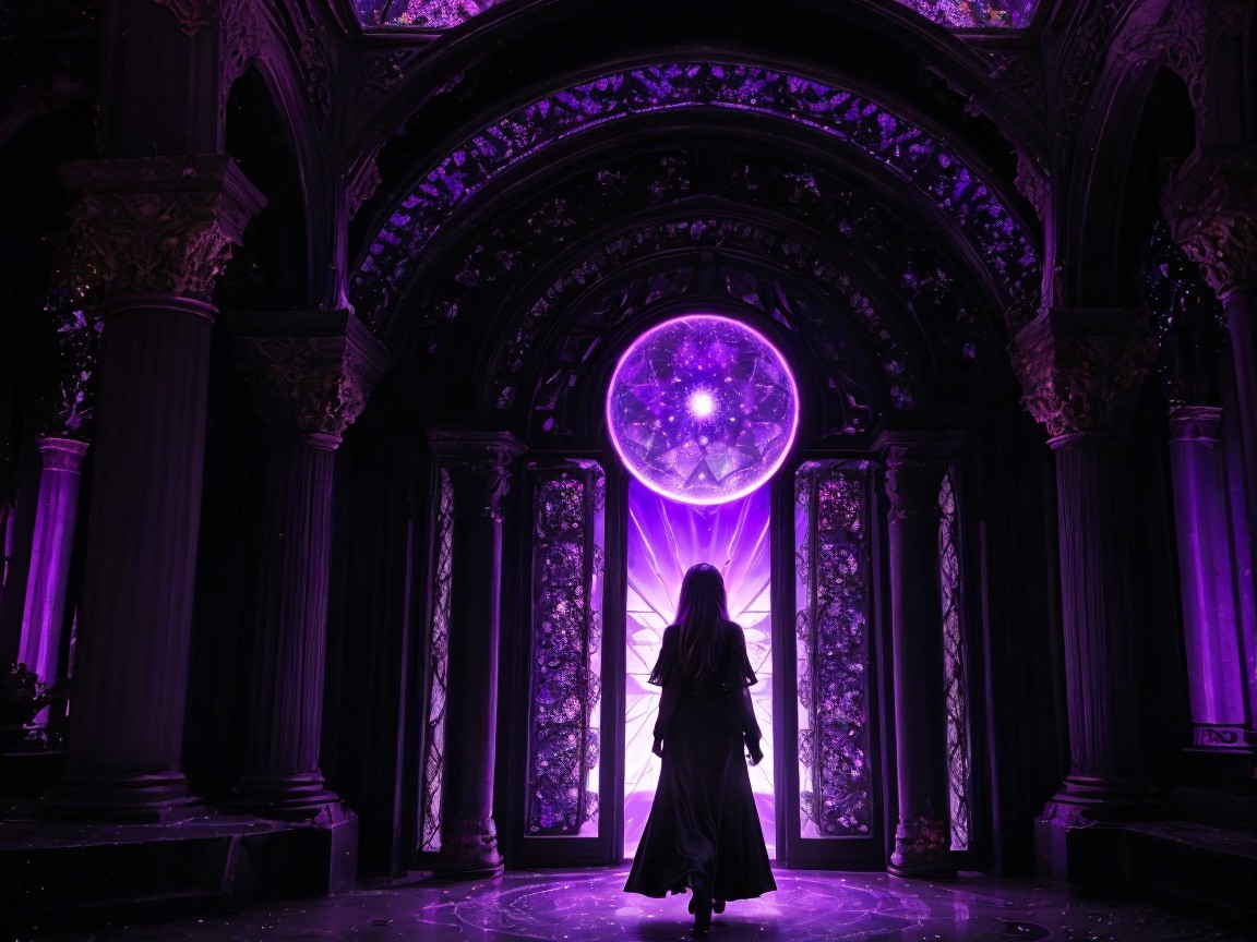 Silhouette Before Ornate Doorway with Purple Light