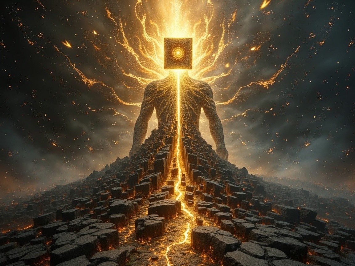 Colossal Figure with Cube Head on Jagged Terrain