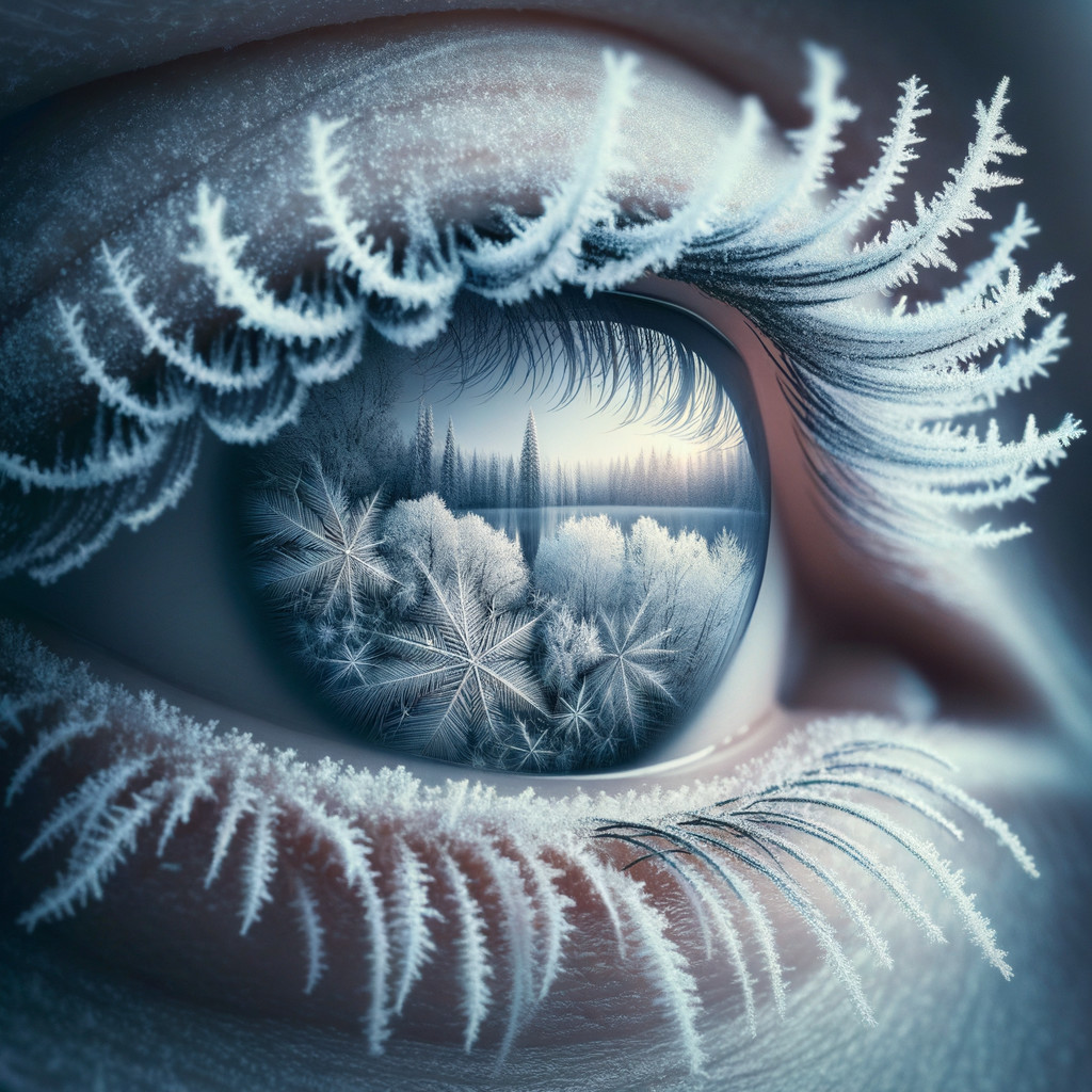 Macro Eye Shot with Frosty Eyelashes and Winter Scene