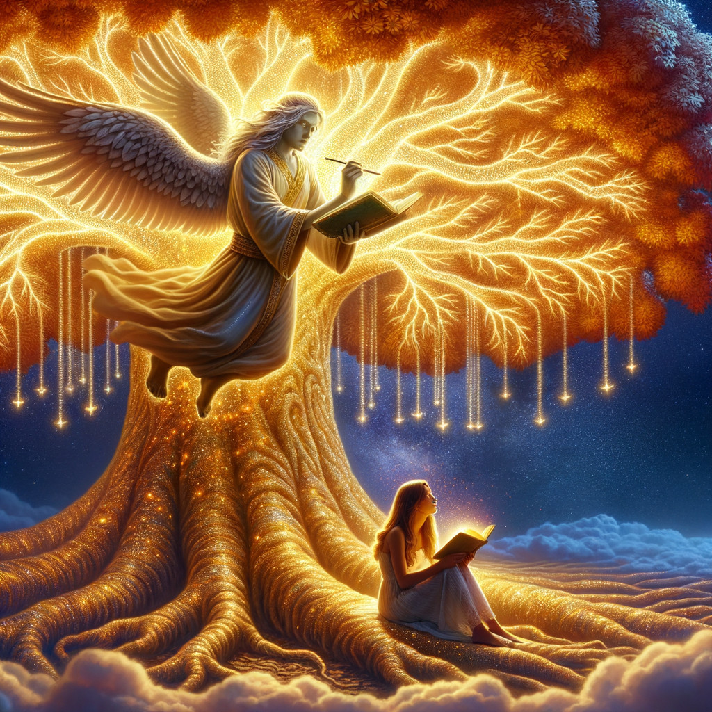 Radiant tree and angel in mystical night scene