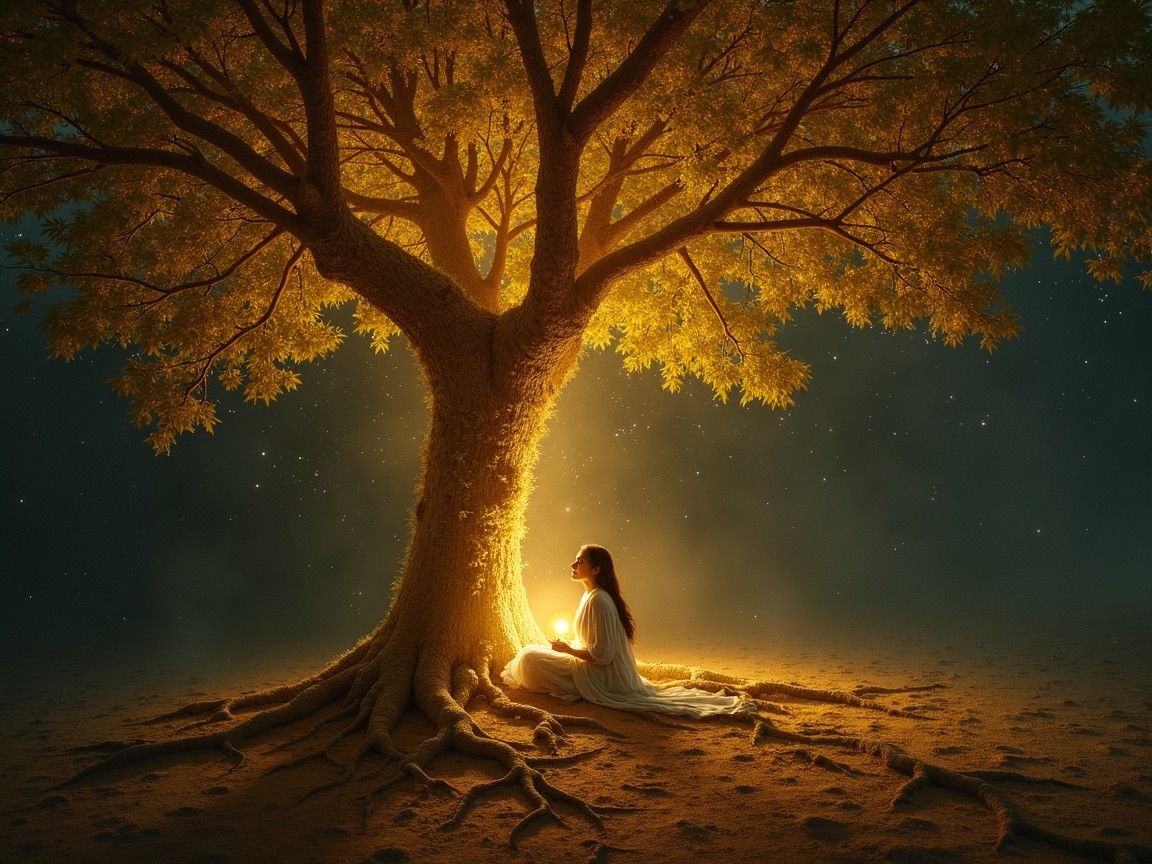 Serene scene with illuminated tree and young woman