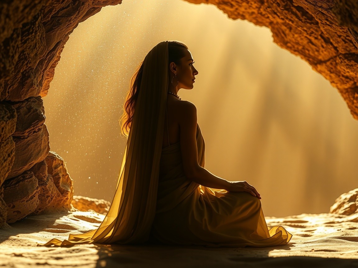 Silhouette of a Woman in a Cave with Golden Garment