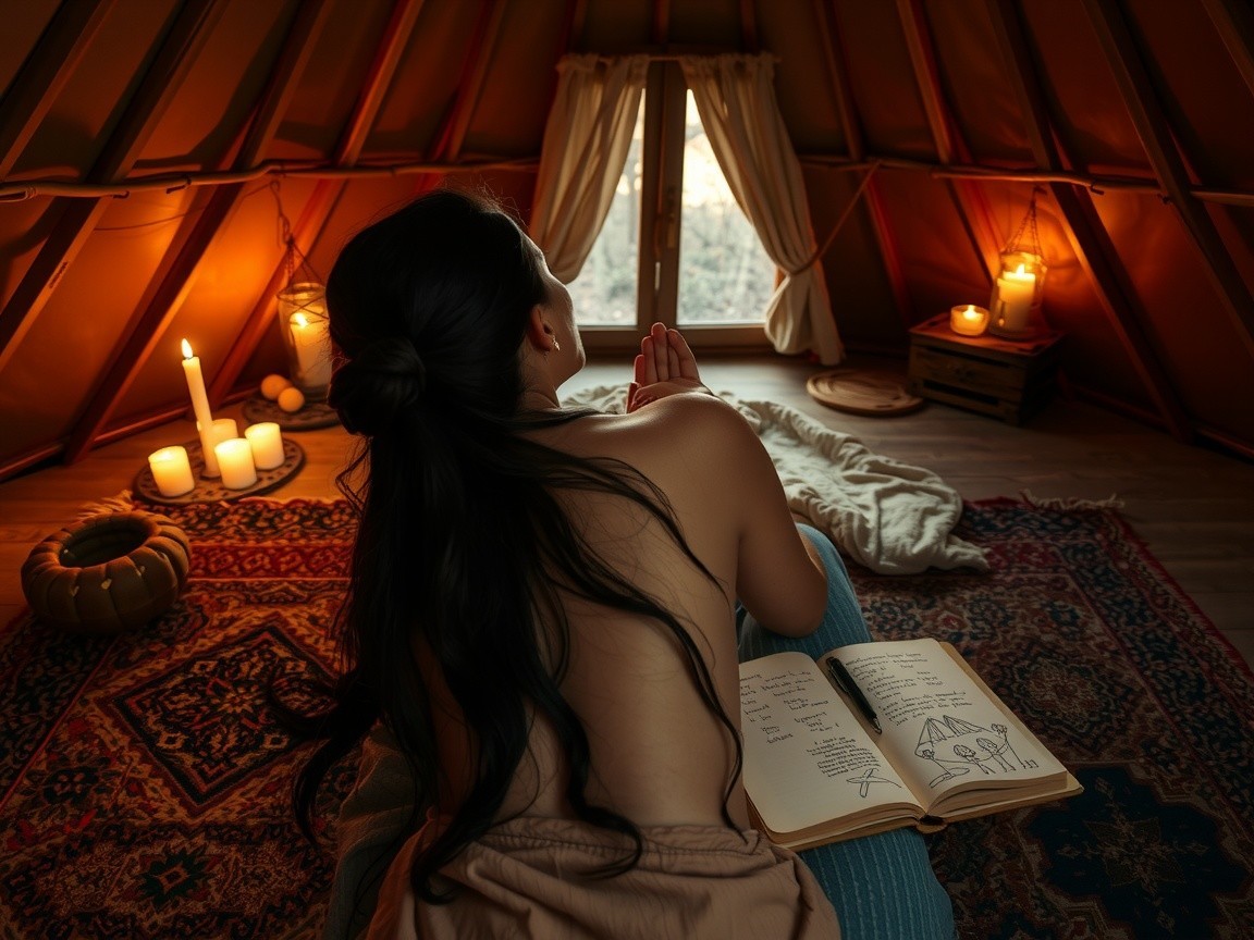 Cozy Room with Woman Reading in Soft Candlelight