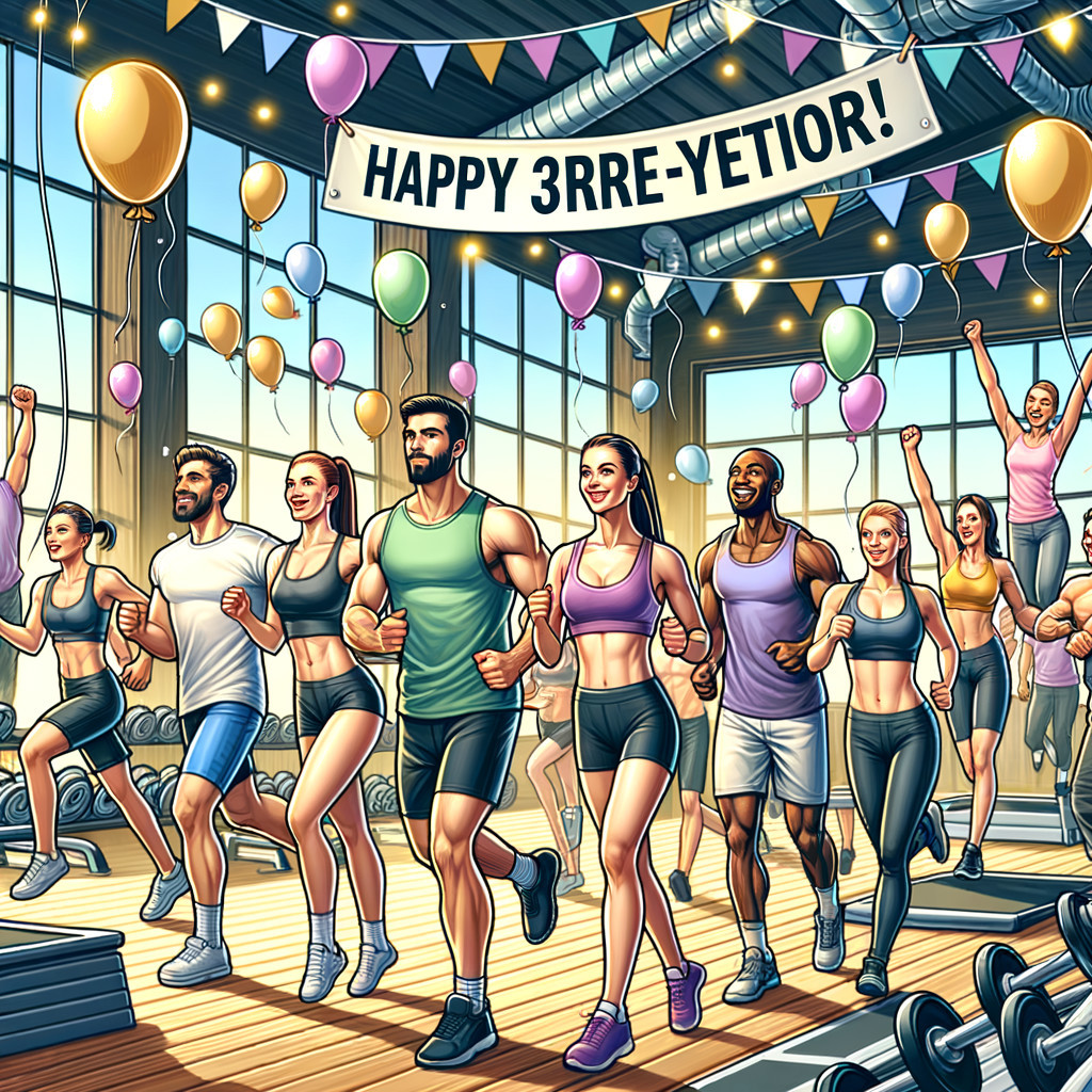 Vibrant Fitness Celebration in a Bright Gym Setting
