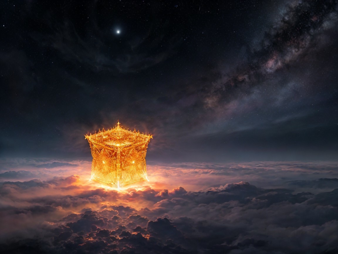 Golden cube floating above clouds under starry sky