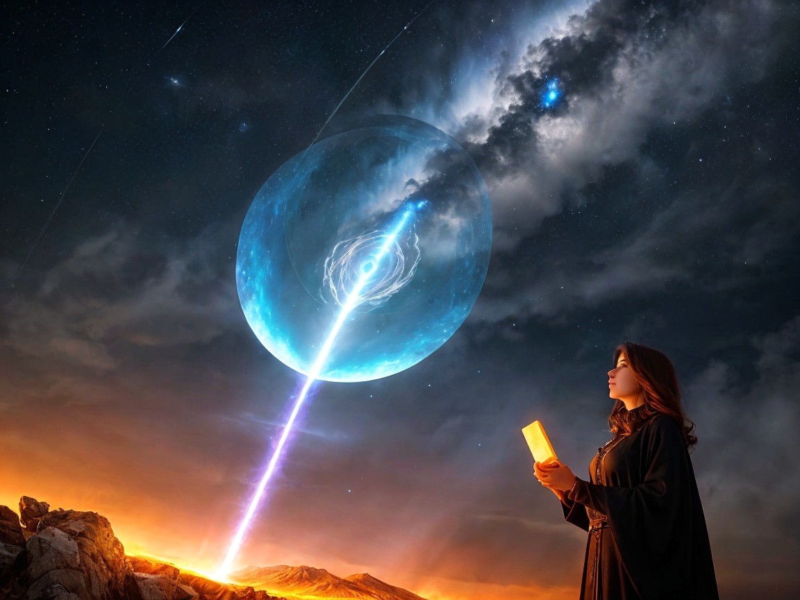 Mystical Woman with Crystal Under Celestial Orbs