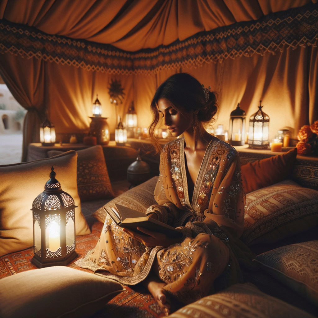 Young Woman in Golden Robe Reading in Lantern Lit Tent