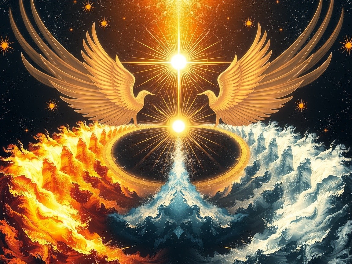 Cosmic Scene with Winged Figures and Radiant Suns