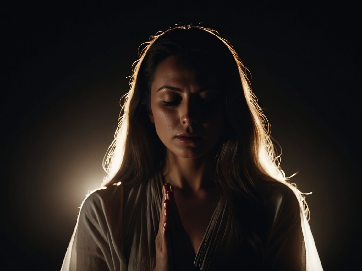 Woman in Meditative Pose with Flowing Hair and Soft Light