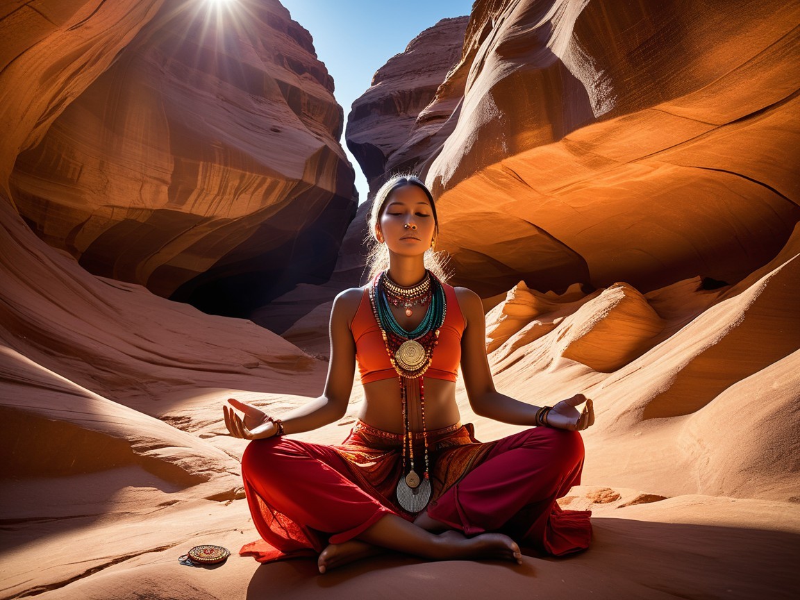 Meditation in a Canyon Landscape with Vibrant Attire