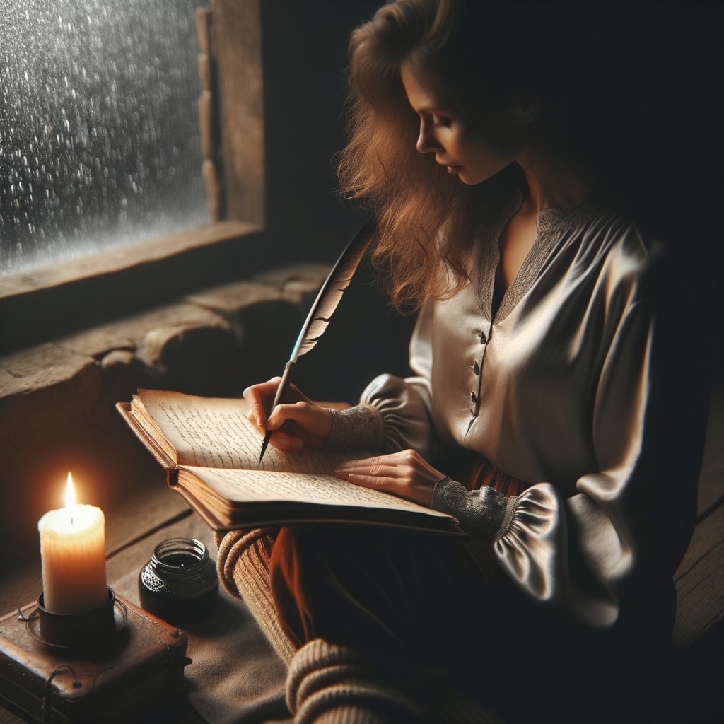 Young Woman Writing by Rainy Window with Candlelight