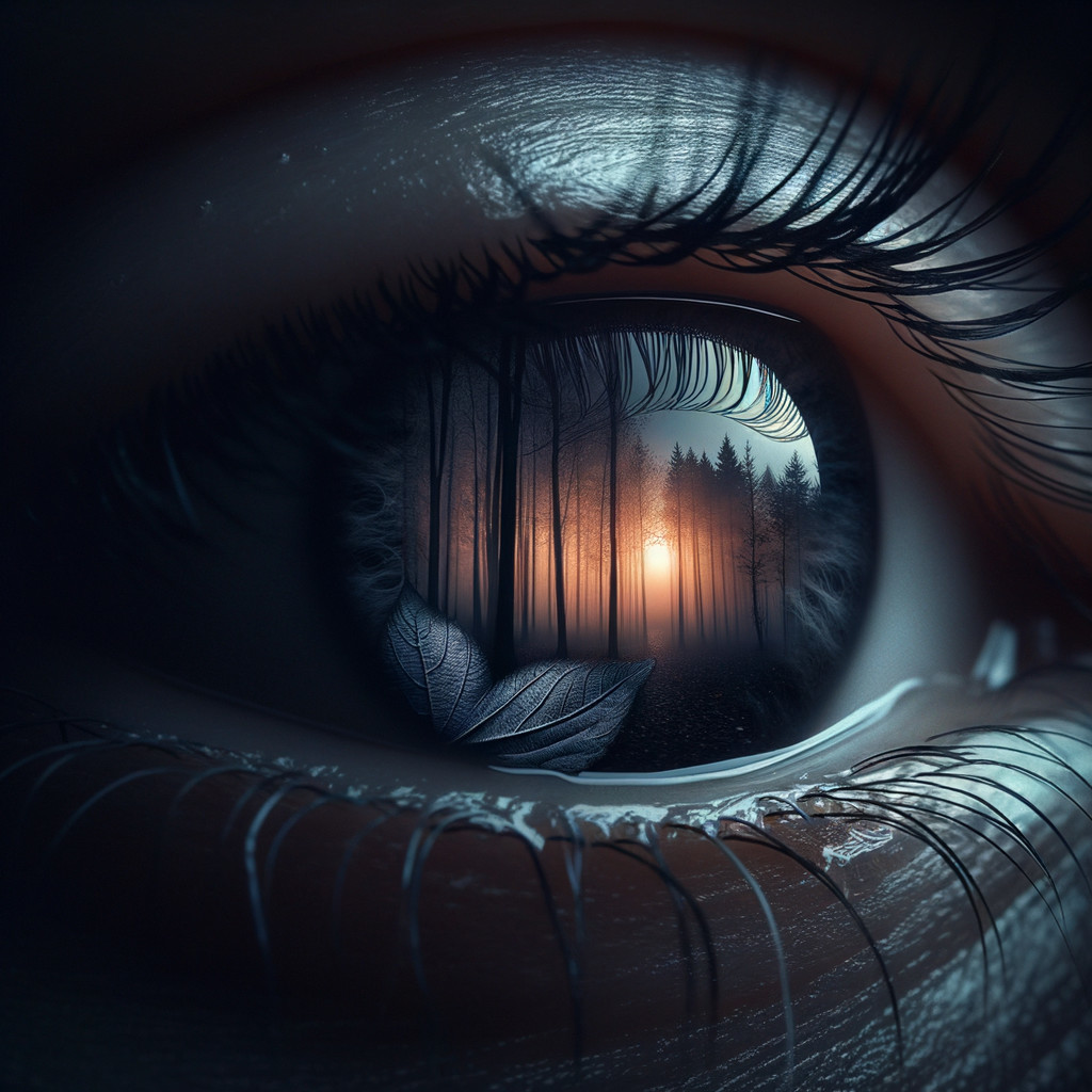 Close-up of an eye reflecting a serene forest scene