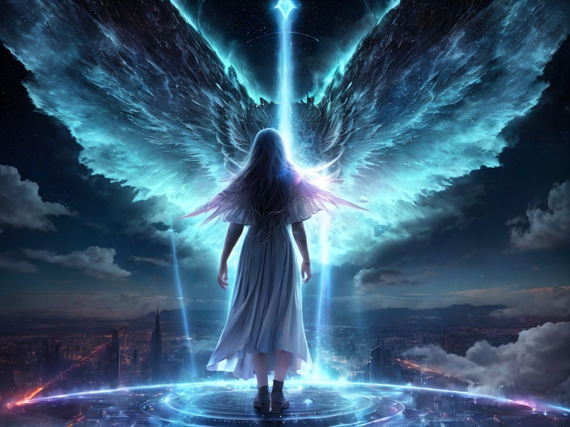 Figure with Wings in Radiant Blue Light and Skyline