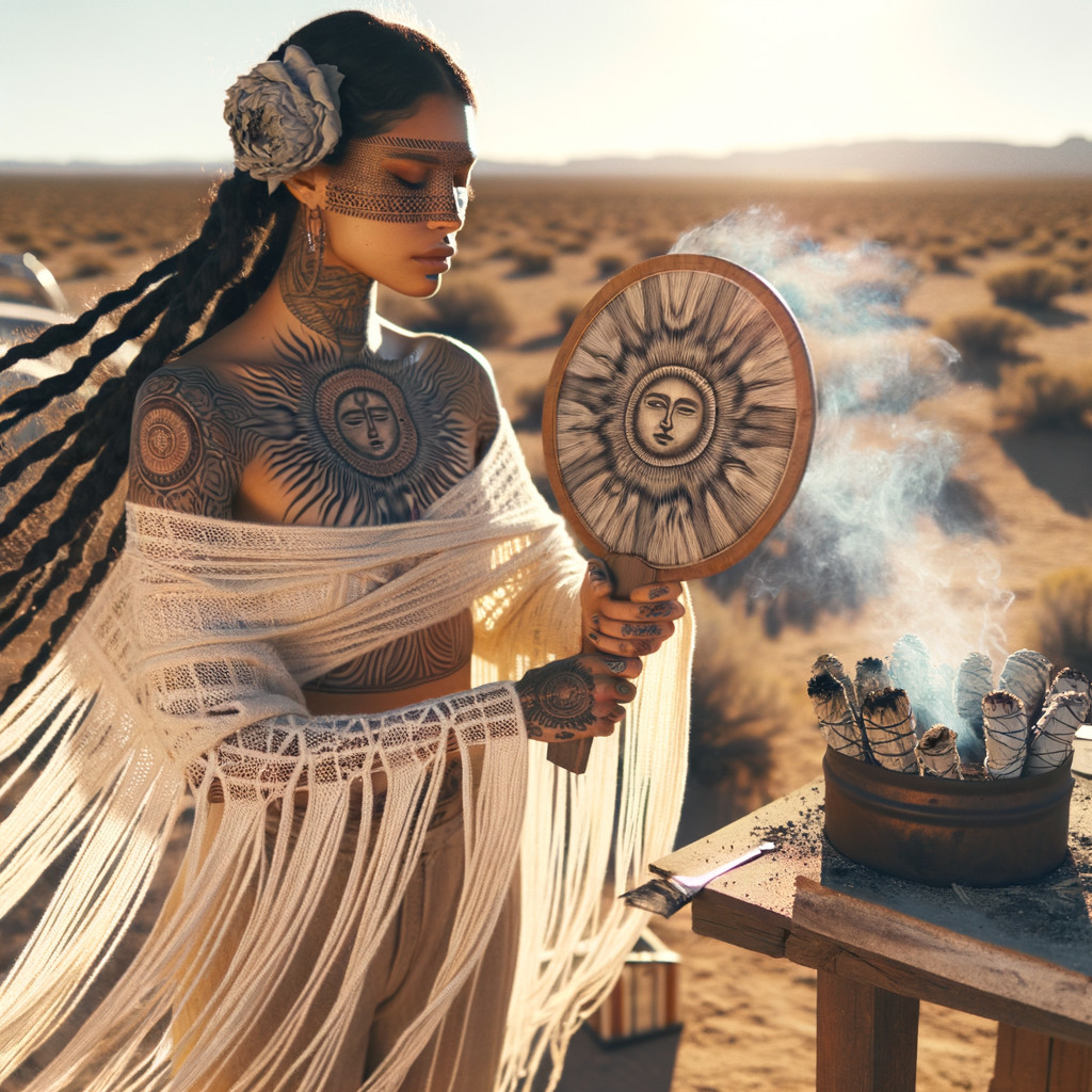 Woman in sunlit desert with tattoos and mirror