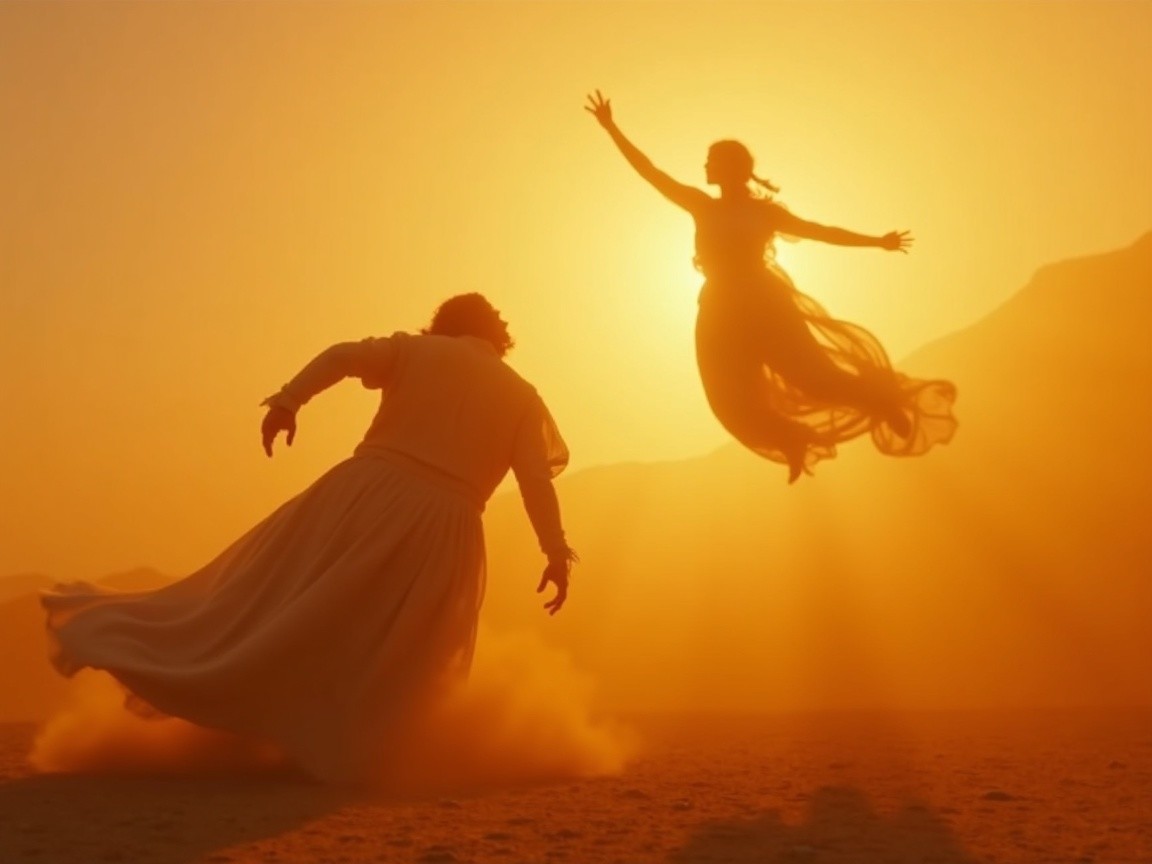 Golden Sunset with Man and Woman in Flowing Garments