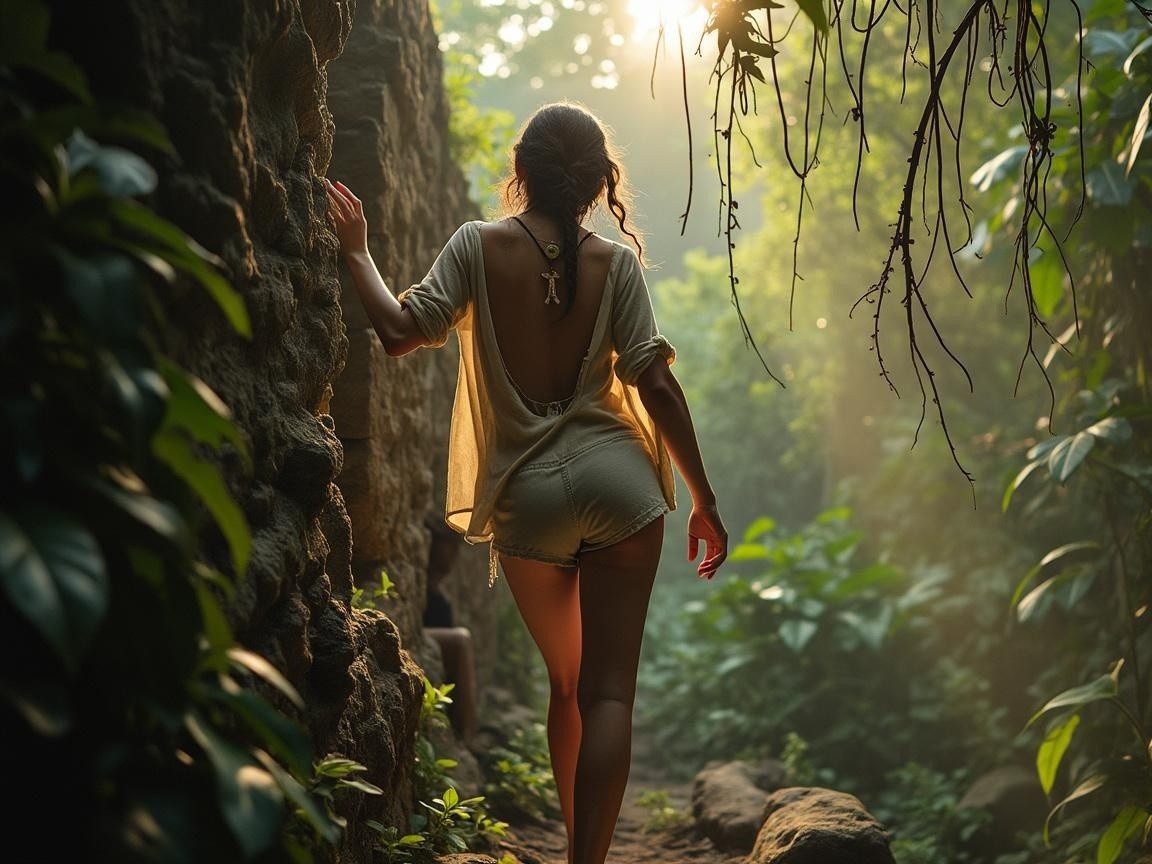 Woman walking on a forest path with sunlight filtering through leaves