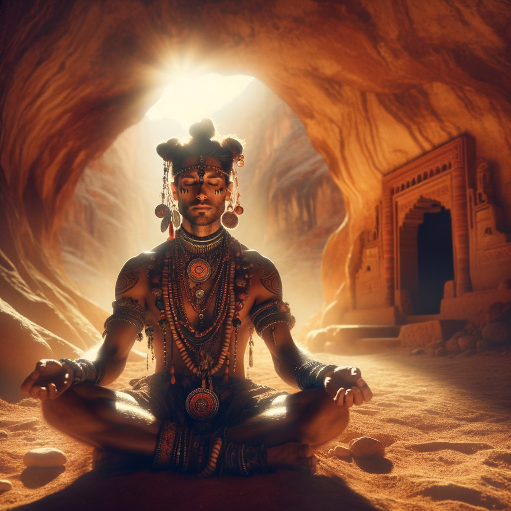 Serene Figure in Dim Cave with Sunlight and Jewelry