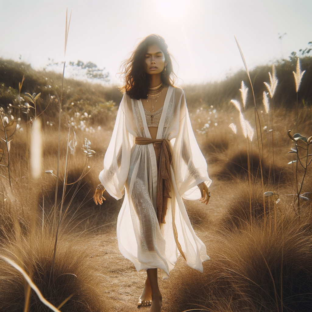 Woman in flowing robe in sunlit field of wildflowers