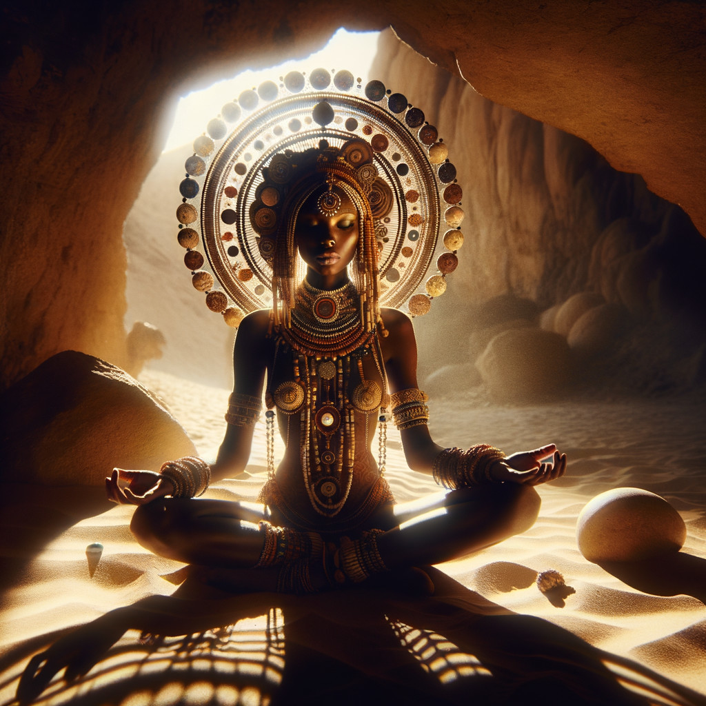 Regal Figure Meditating in Mystical Cave Setting