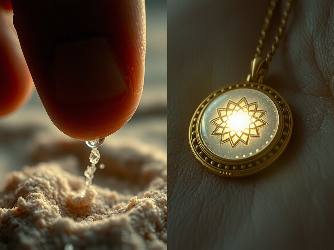 Close-Up Shots of Water Droplet and Golden Pendant