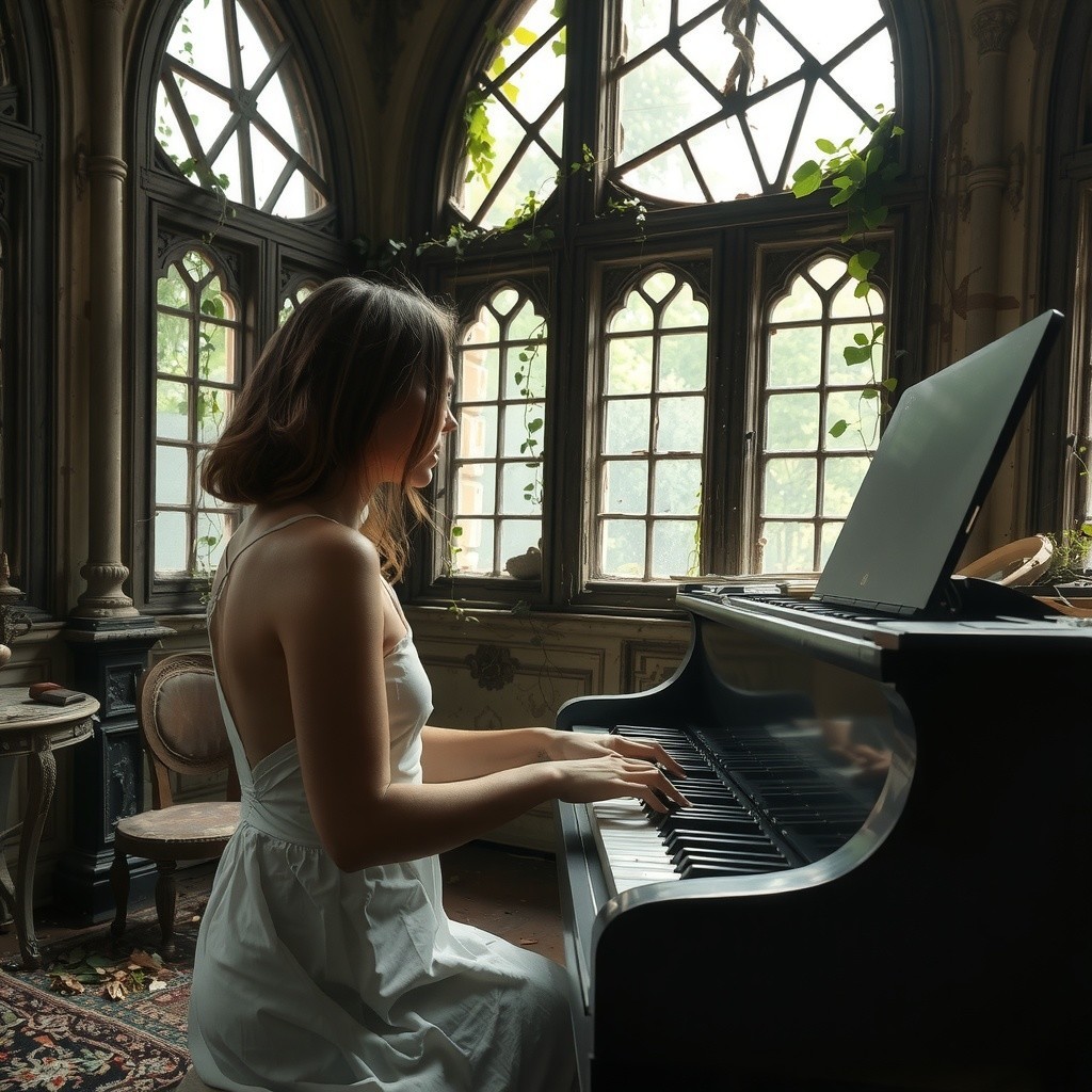 Young woman playing piano in sunlit abandoned room