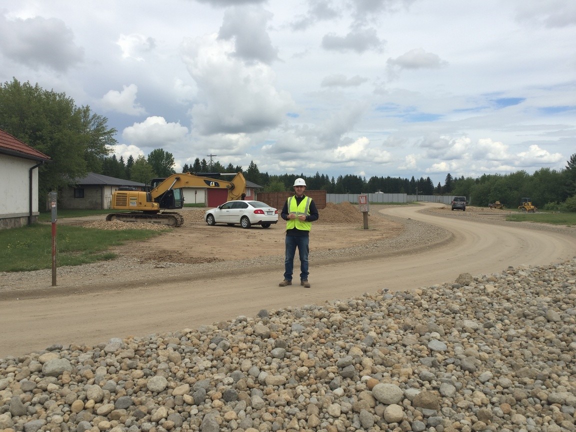 Construction Site with Equipment and Gravel Pile