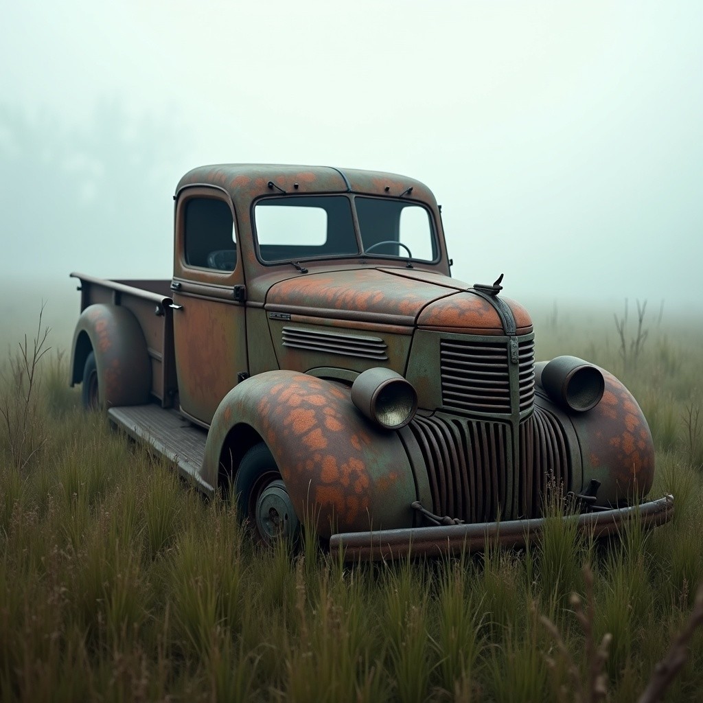 Abandoned Vintage Pickup Truck in Misty Field