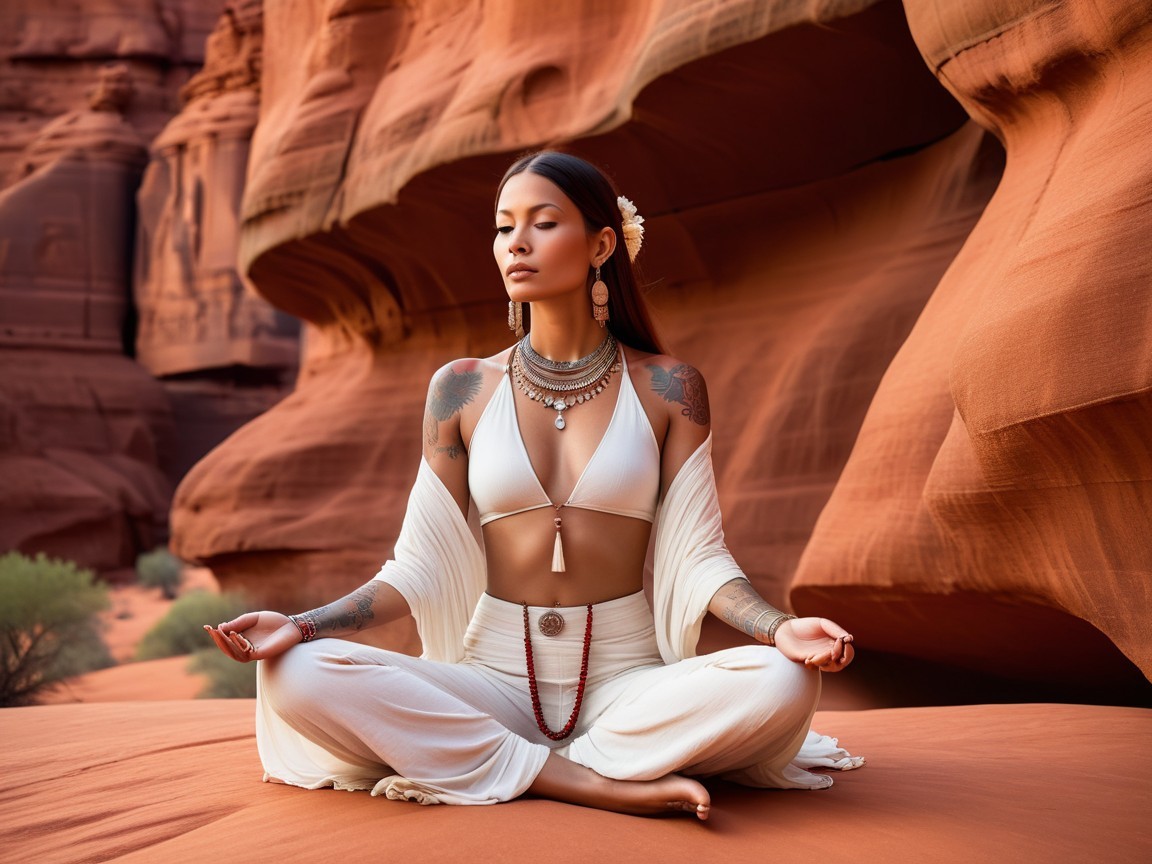 Serene Woman Meditating Among Red Rock Formations
