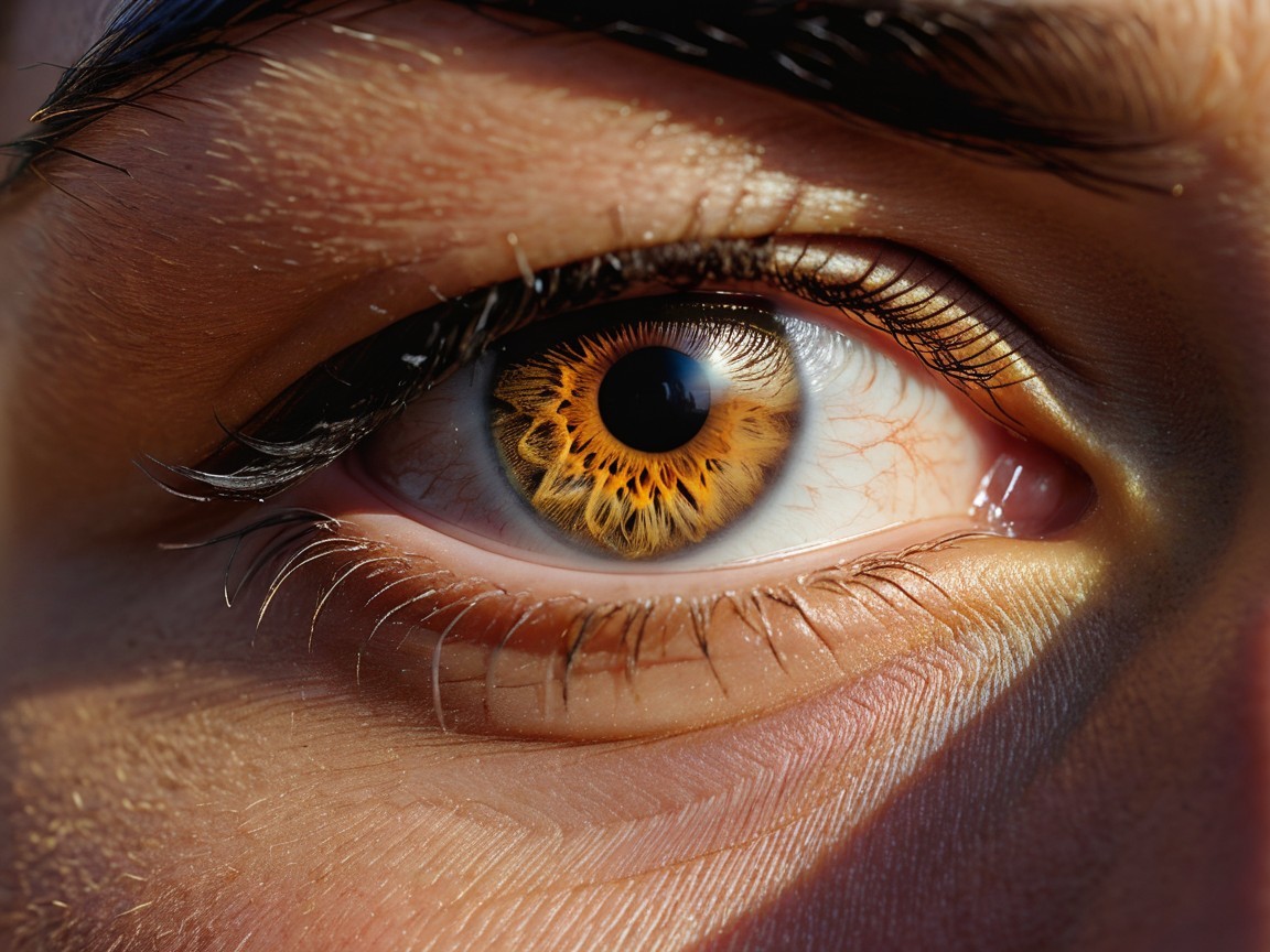 Close-up of an eye with amber and brown iris details