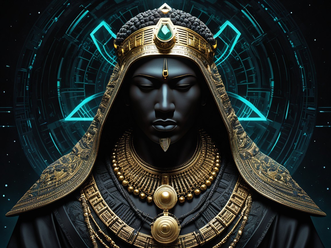 Regal figure with gold jewelry and geometric background