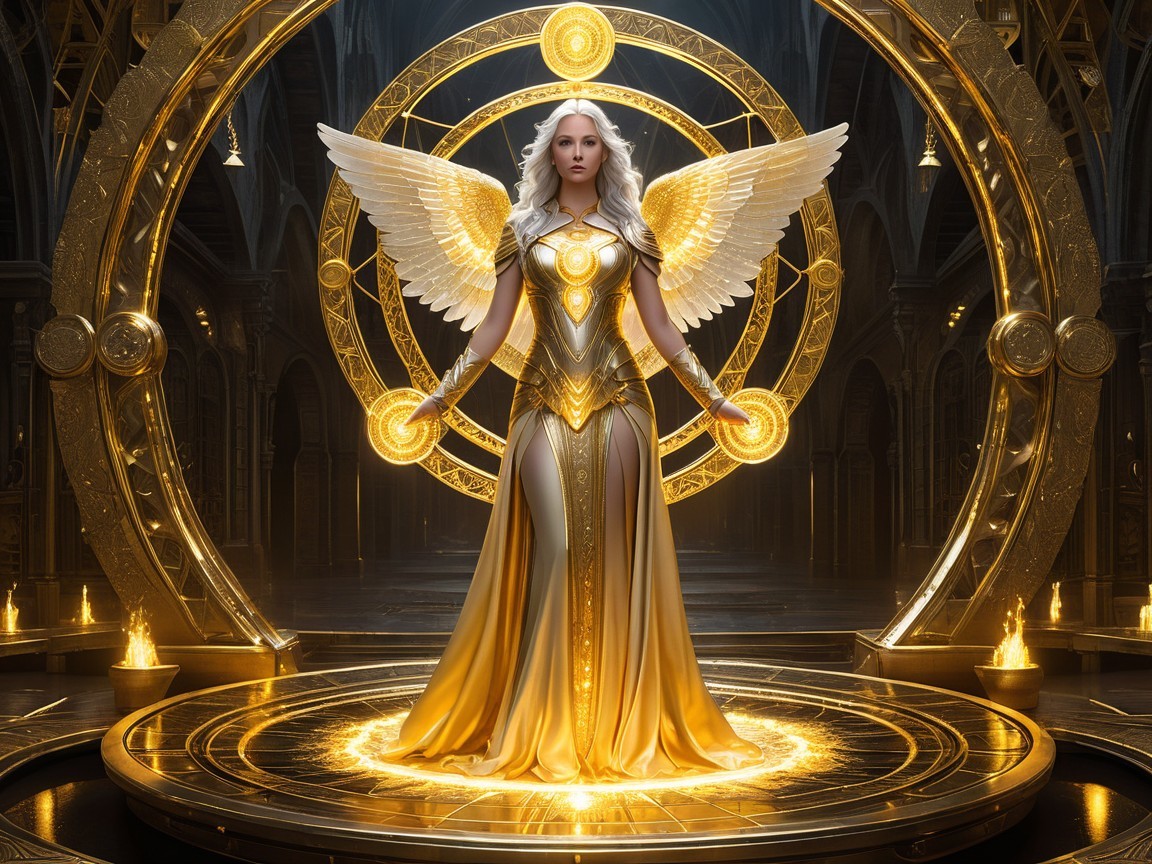 Majestic figure in golden gown with radiant wings