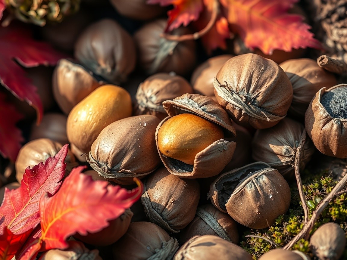 Dried Seed Pods with Bright Orange Seeds and Autumn Leaves