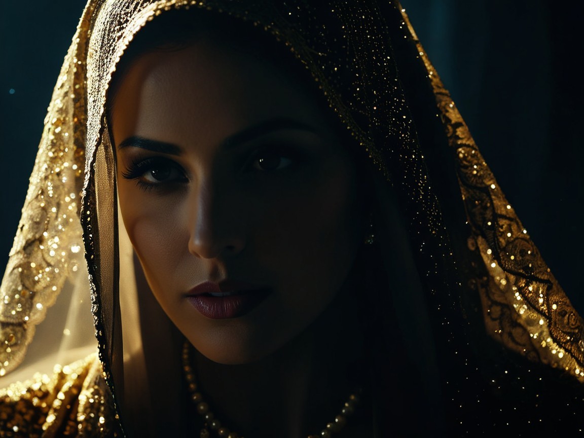 Woman in golden scarf with soft dramatic lighting