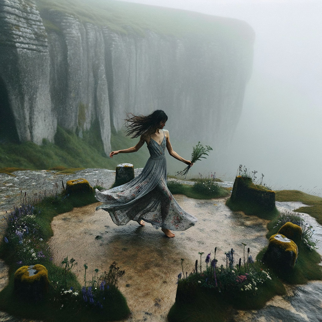 Graceful Figure in Gray Dress on Misty Cliffside