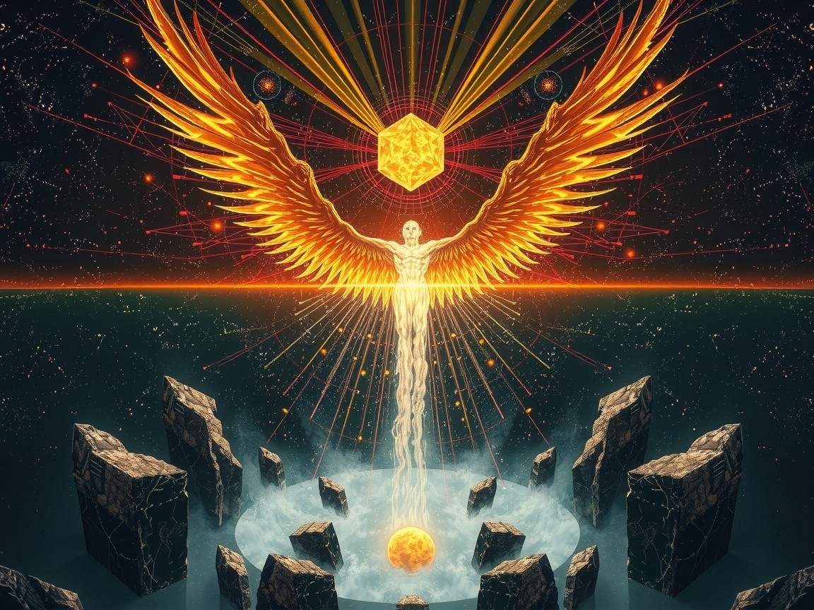 Celestial Figure with Golden Wings Above Water