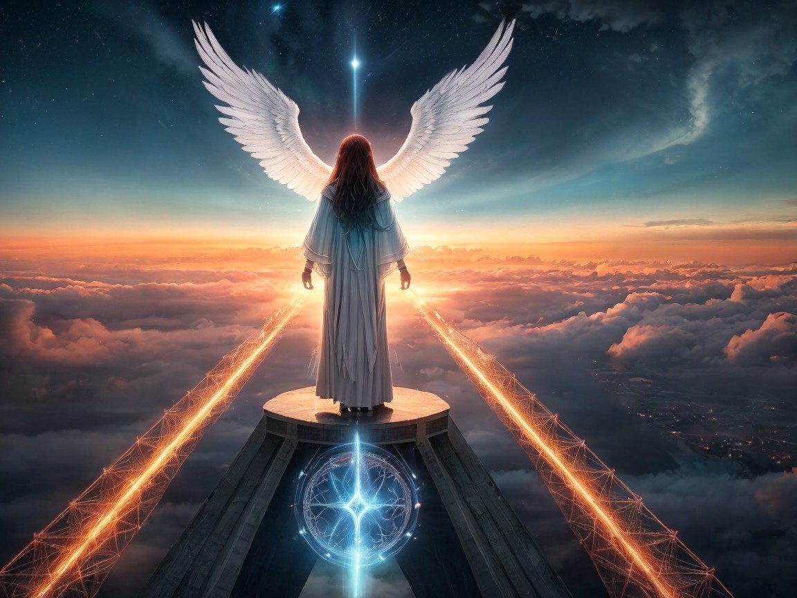 Majestic figure with wings at sunset on a platform