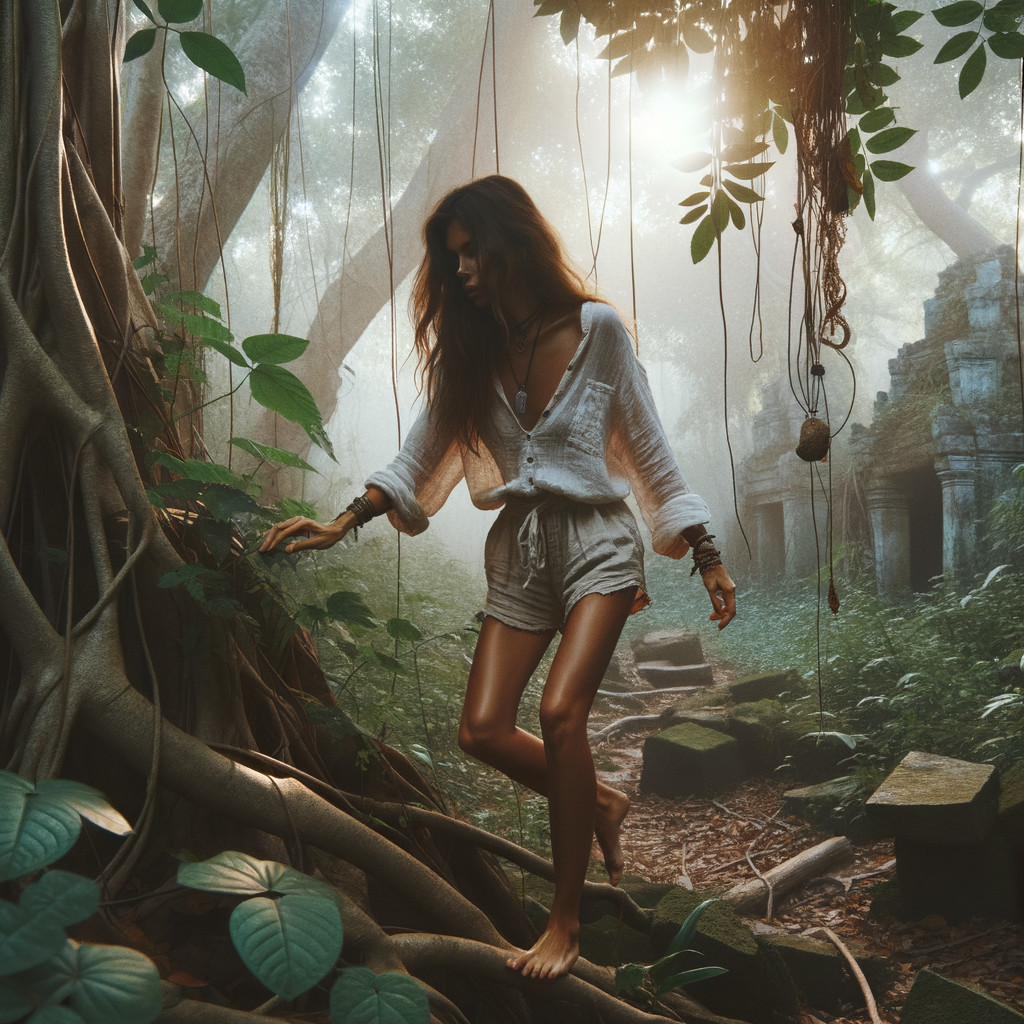 Young Woman in Ancient Jungle with Stone Ruins