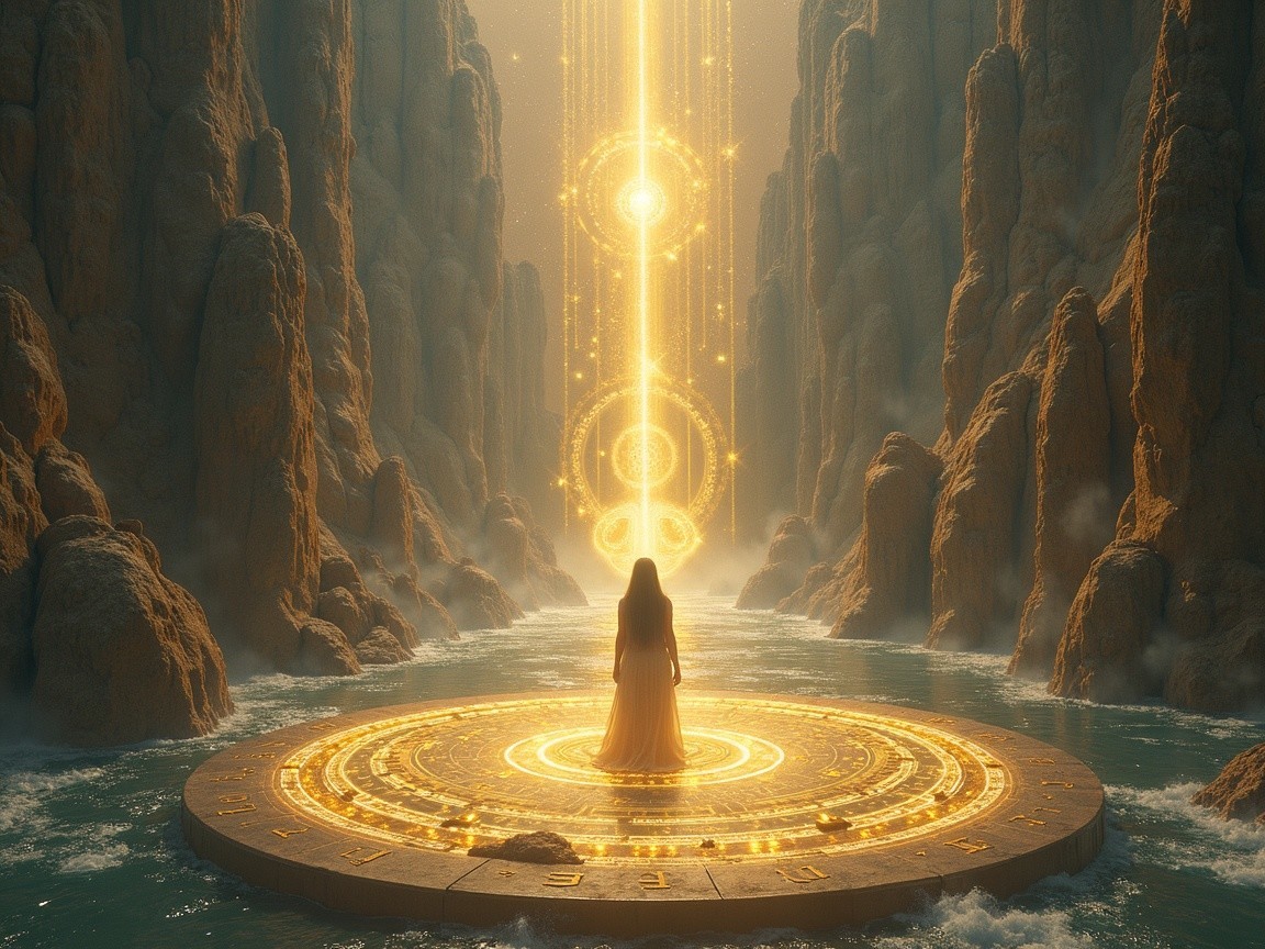 Mystical Canyon with Figure on Ornate Water Platform