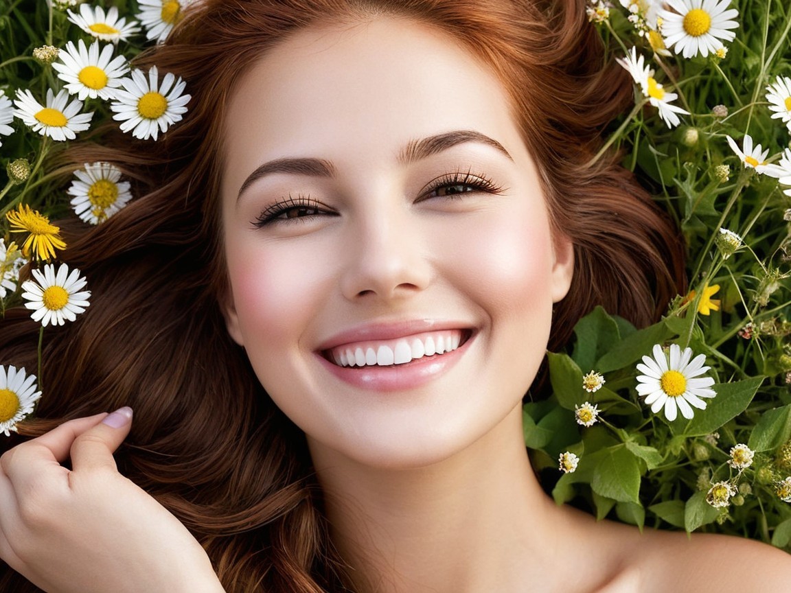 Young Woman Smiling in a Flower-filled Meadow