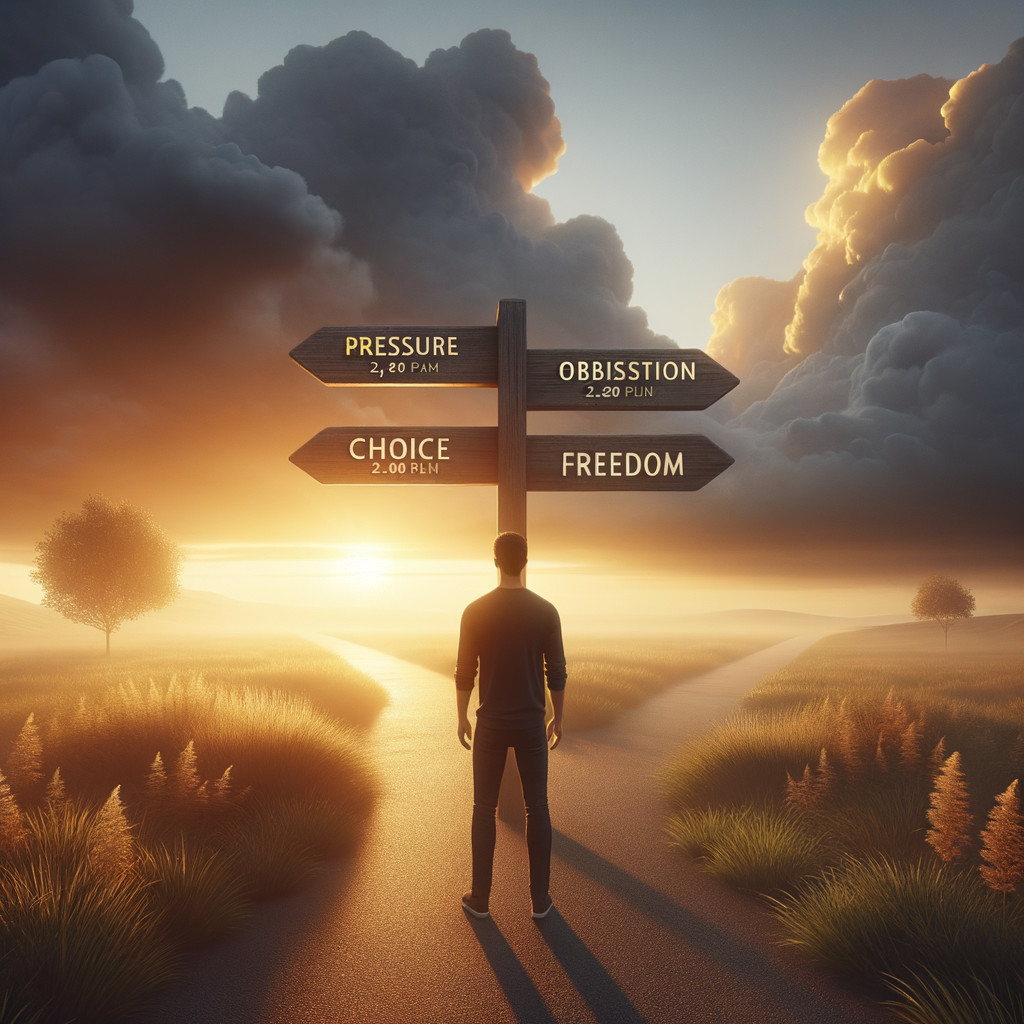 Figure at Crossroads with Four Signposts in Nature