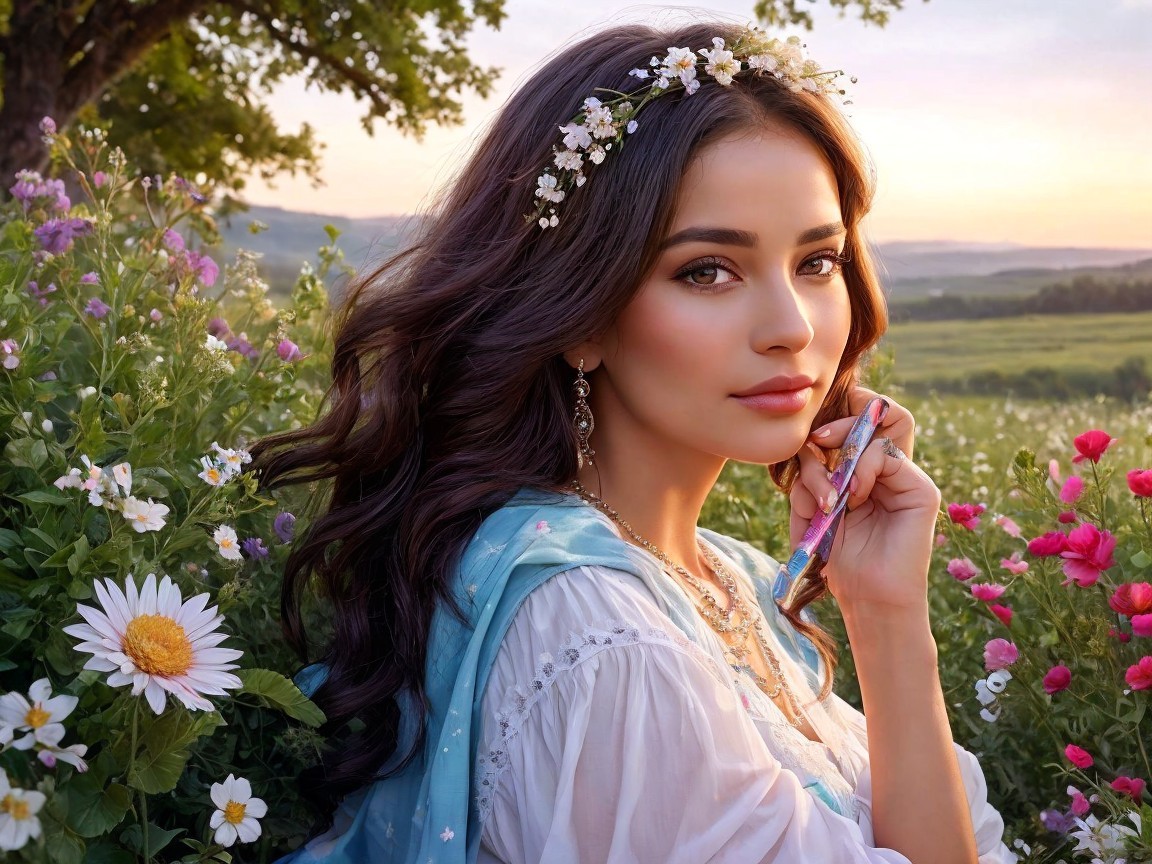 Young woman in floral crown in wildflower field