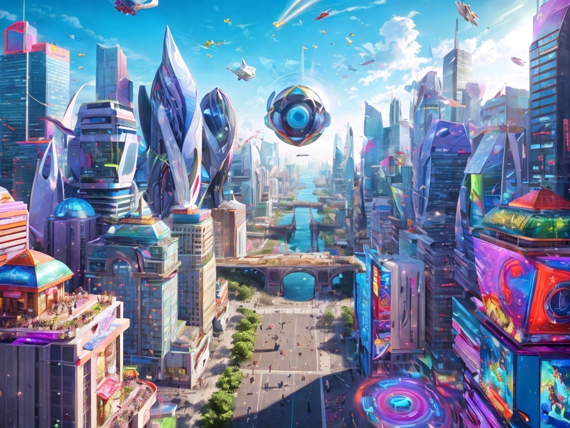 Futuristic Cityscape with Skyscrapers and Flying Vehicles